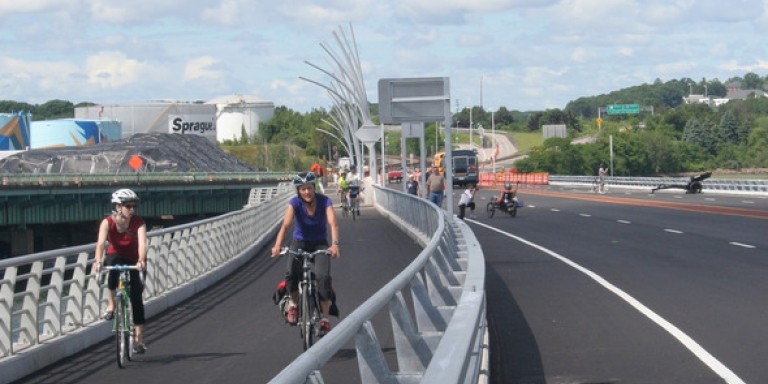 Cyclists on Maine Veterans Memorial Bridge